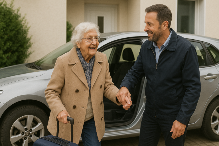Ältere Dame bekommt Hilfe beim Aussteigen